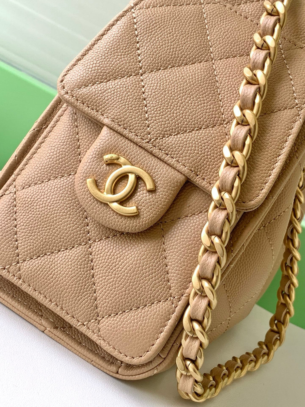 Chanel 25S Hobo Bag 22 in Beige Brown Caviar Leather with Gold Hardware