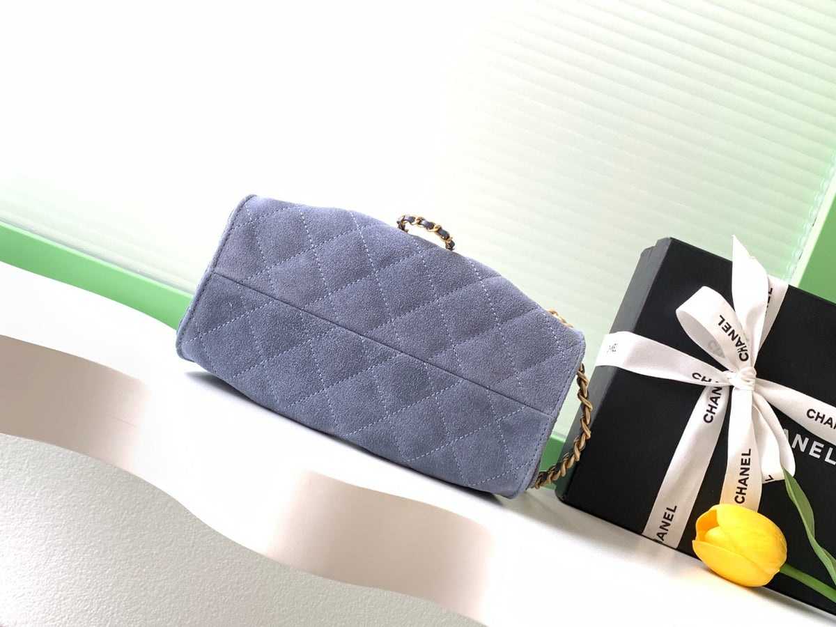 Chanel 25S Hobo Bag 22 in Blue Gray Suede with Gold Hardware