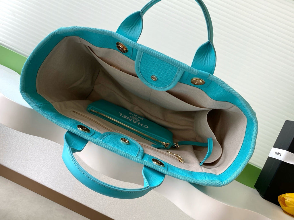 Chanel 25S Tote Bag 38 in Turquoise Blue Canvas