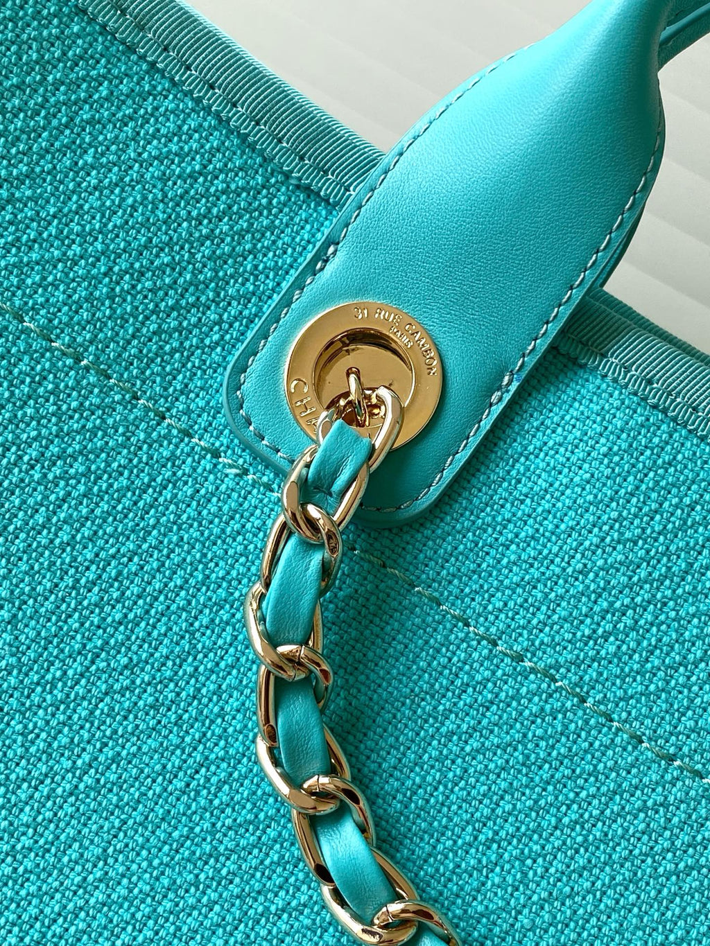 Chanel 25S Tote Bag 38 in Turquoise Blue Canvas