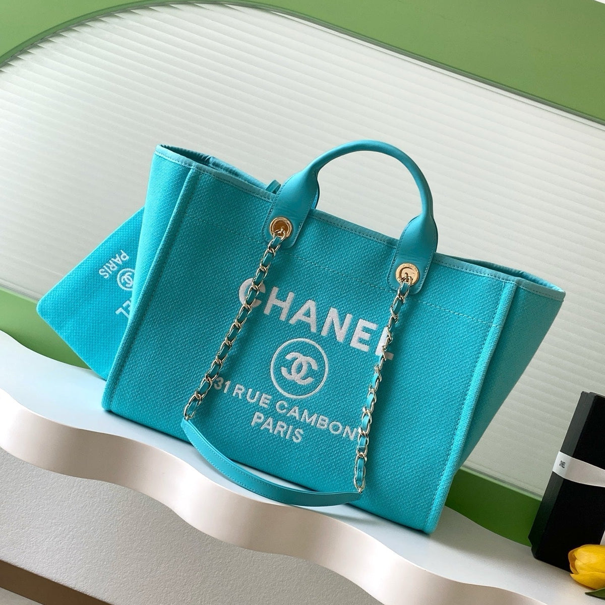 Chanel 25S Tote Bag 38 in Turquoise Blue Canvas