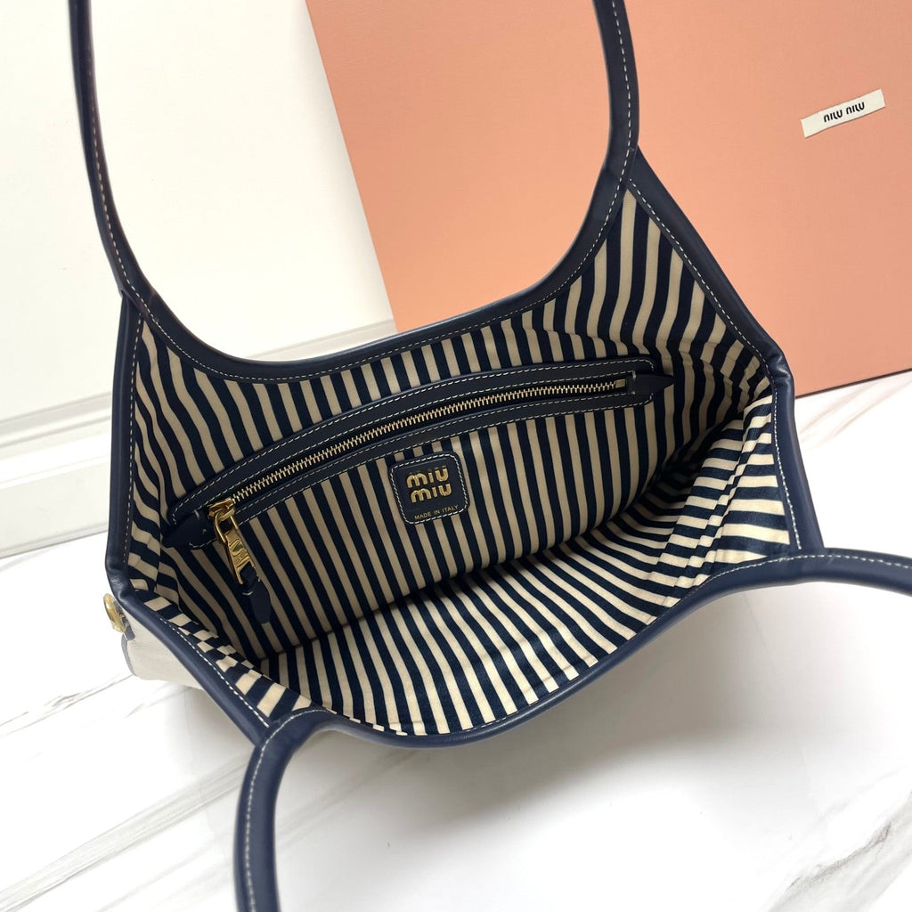 Ivy Tote Bag 40 in White Canvas and Navy Leather Trim