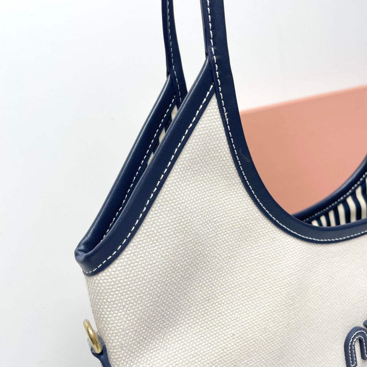 Ivy Tote Bag 40 in White Canvas and Navy Leather Trim