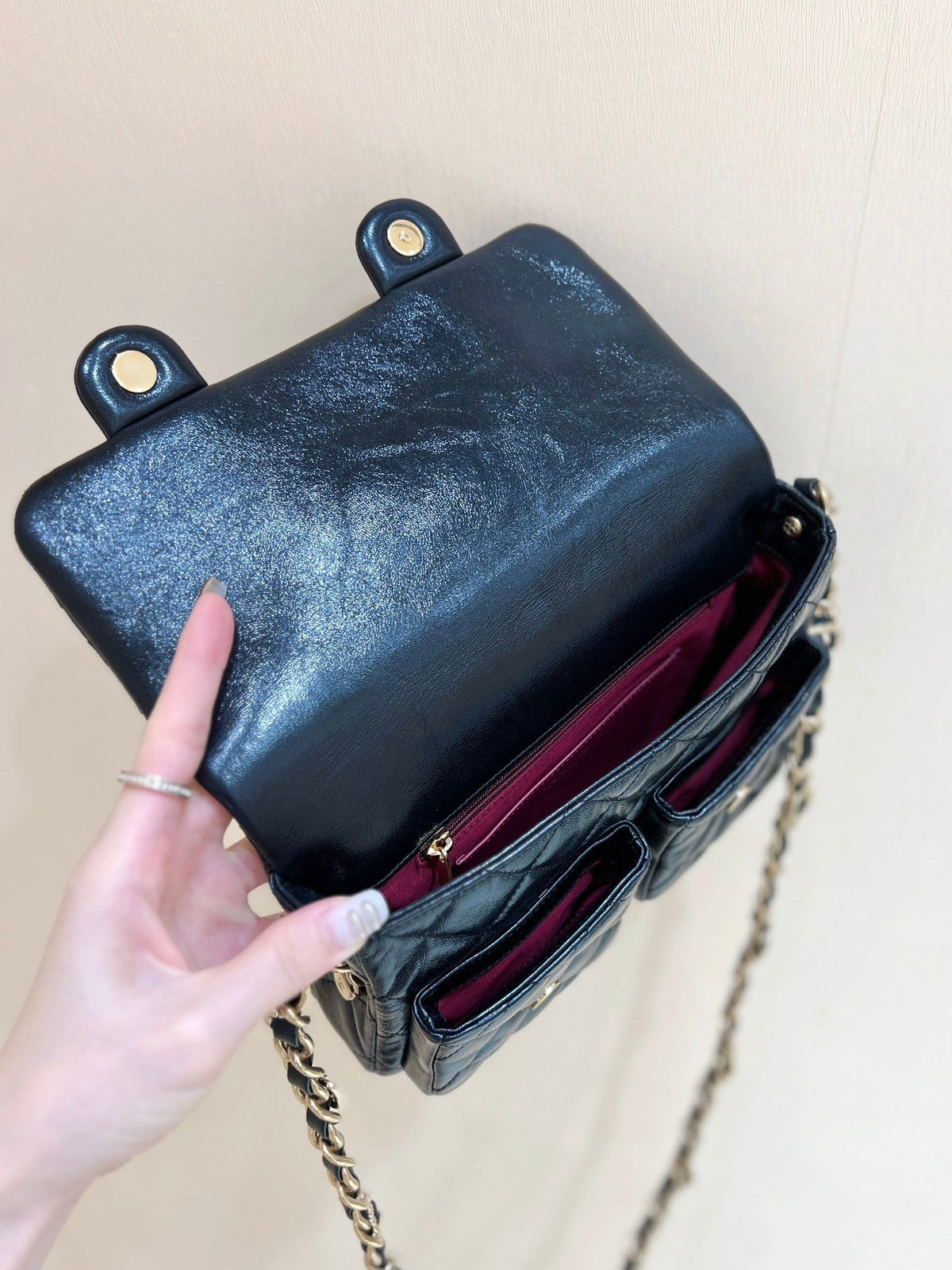 Chanel Double Pockets Flap Bag Top Handle 24 in Black Lambskin Gold Hardware