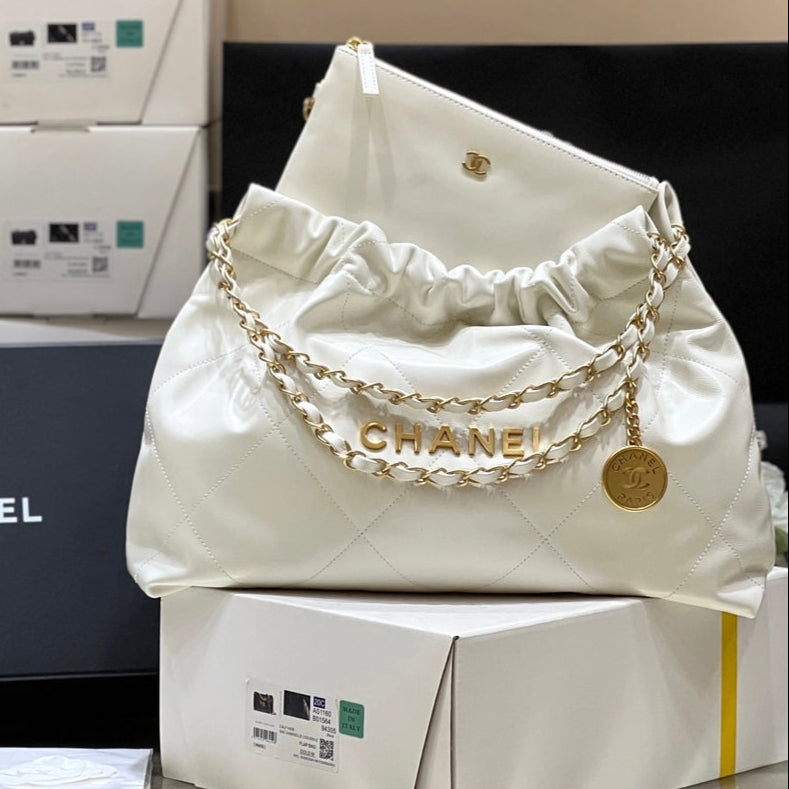 Chanel 19 Hobo Bag 43cm White Goatskin Gold Hardware