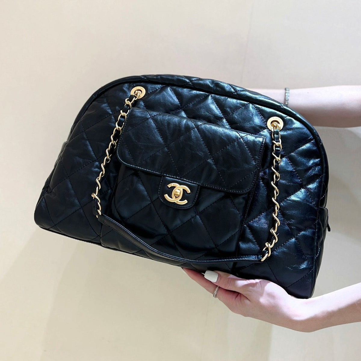 Chanel Bowling Bag 44 in Black Soft Lambskin Gold Hardware