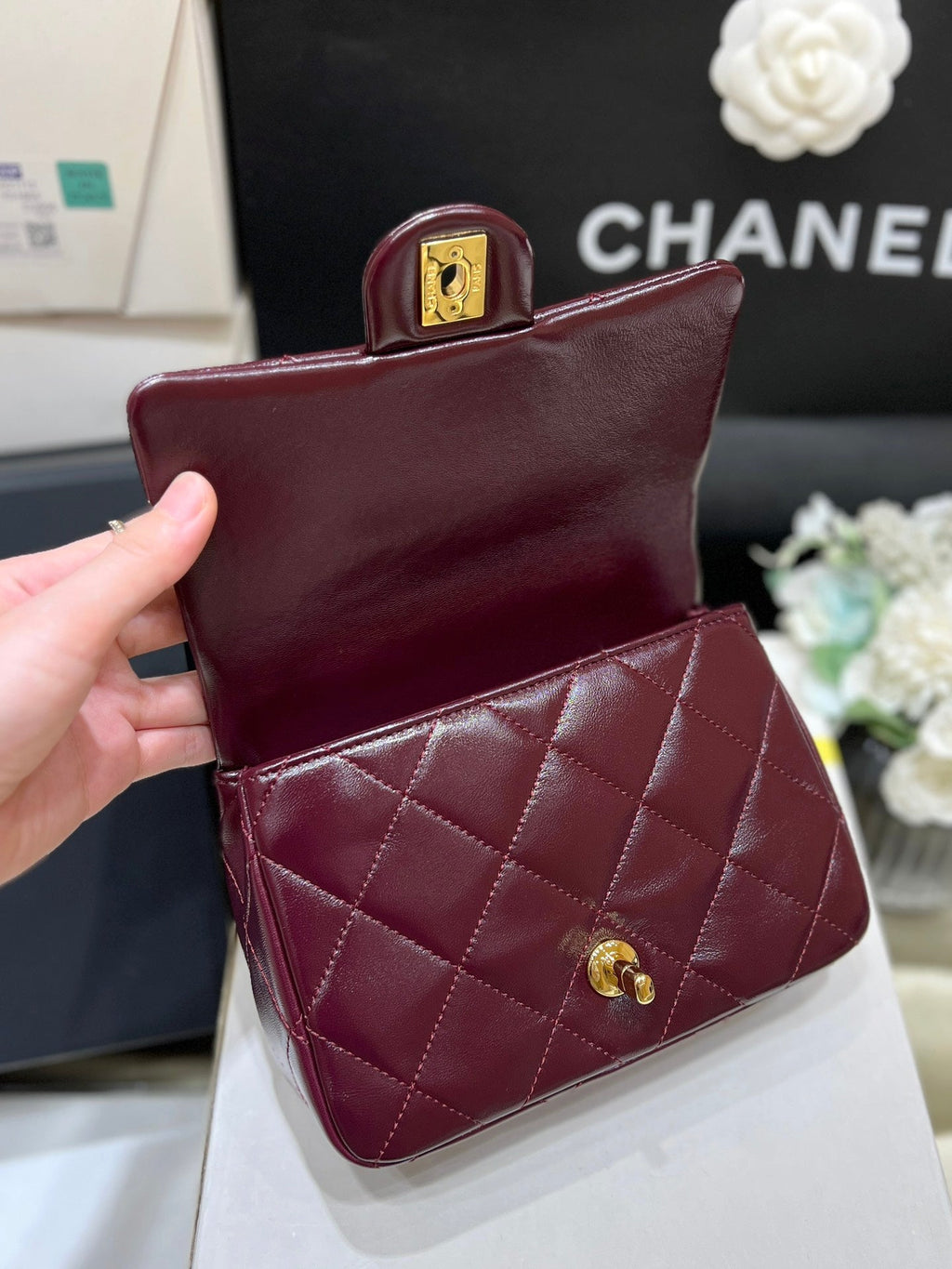Chanel Top Handle 19 in Wine Red Lambskin Gold Hardware Bag