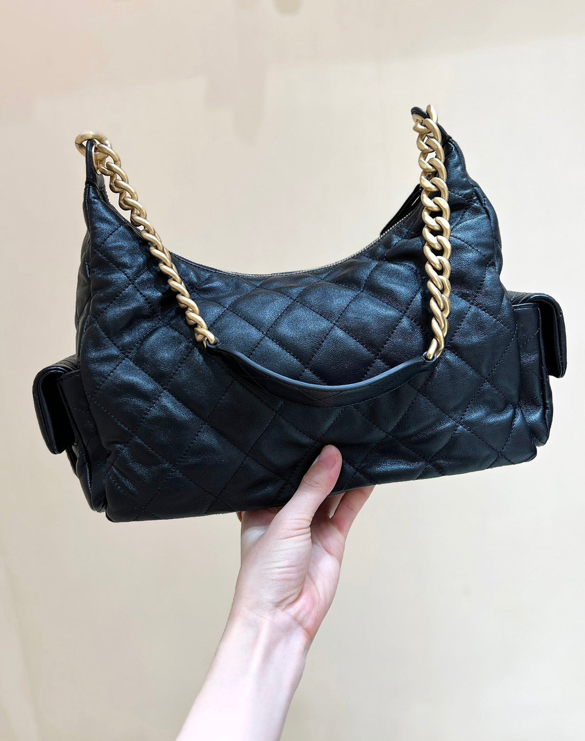 Chanel Quilted Hobo Cargo Bag 35 in Black Calfskin Gold Chain