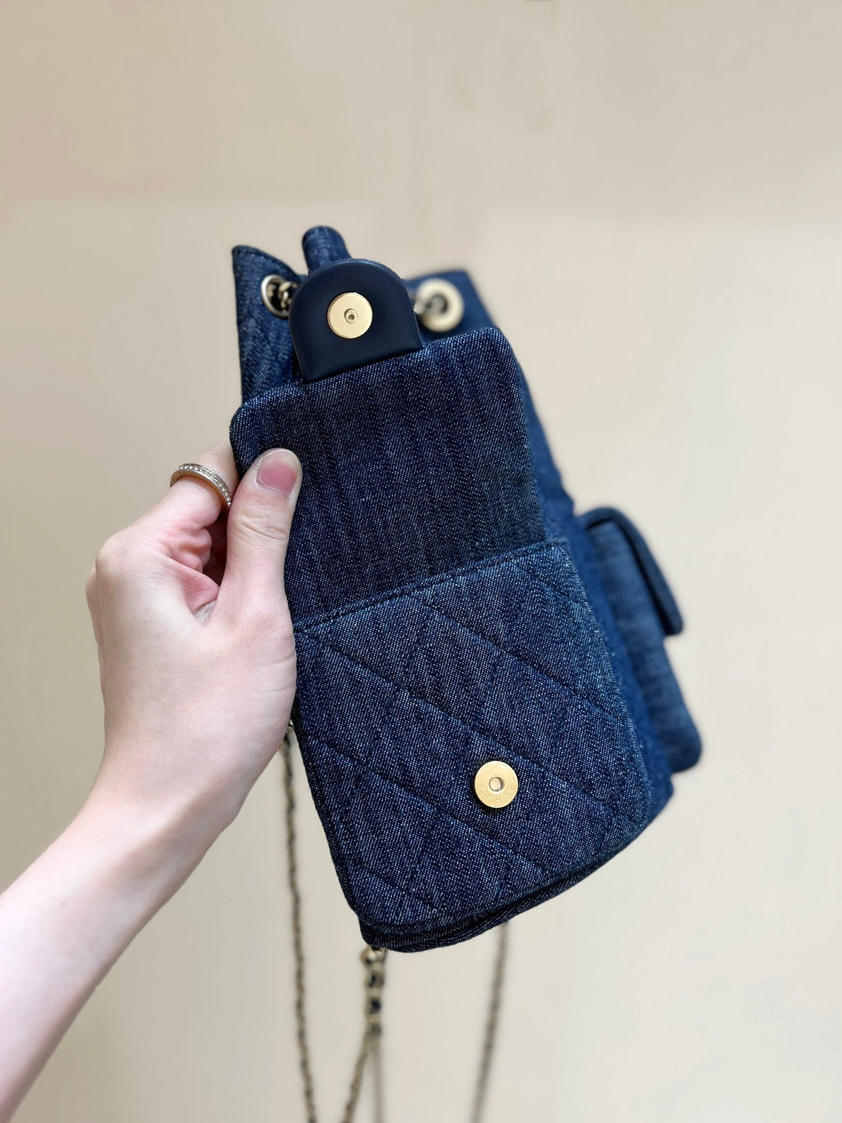 Chanel Drawstring Bucket Backpack 24 in Dark Blue Denim Gold Hardware