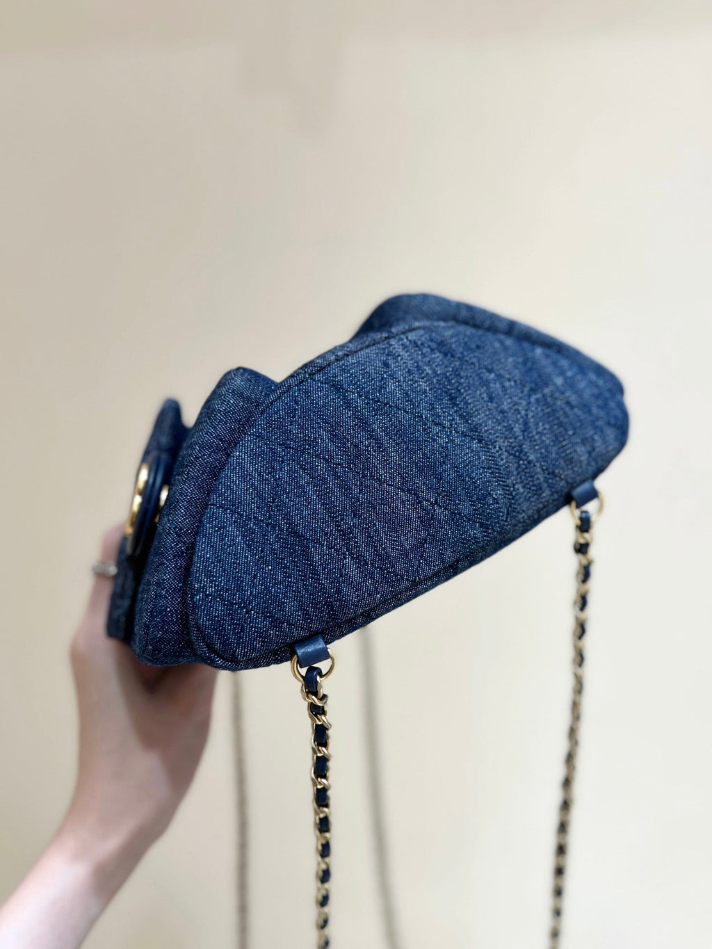 Chanel Drawstring Bucket Backpack 24 in Dark Blue Denim Gold Hardware