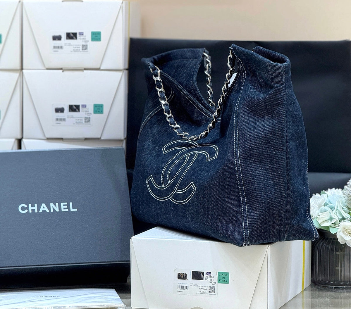Chanel 25S Vintega Denim Tote Bag 48 in Blue Denim Silver Hardware