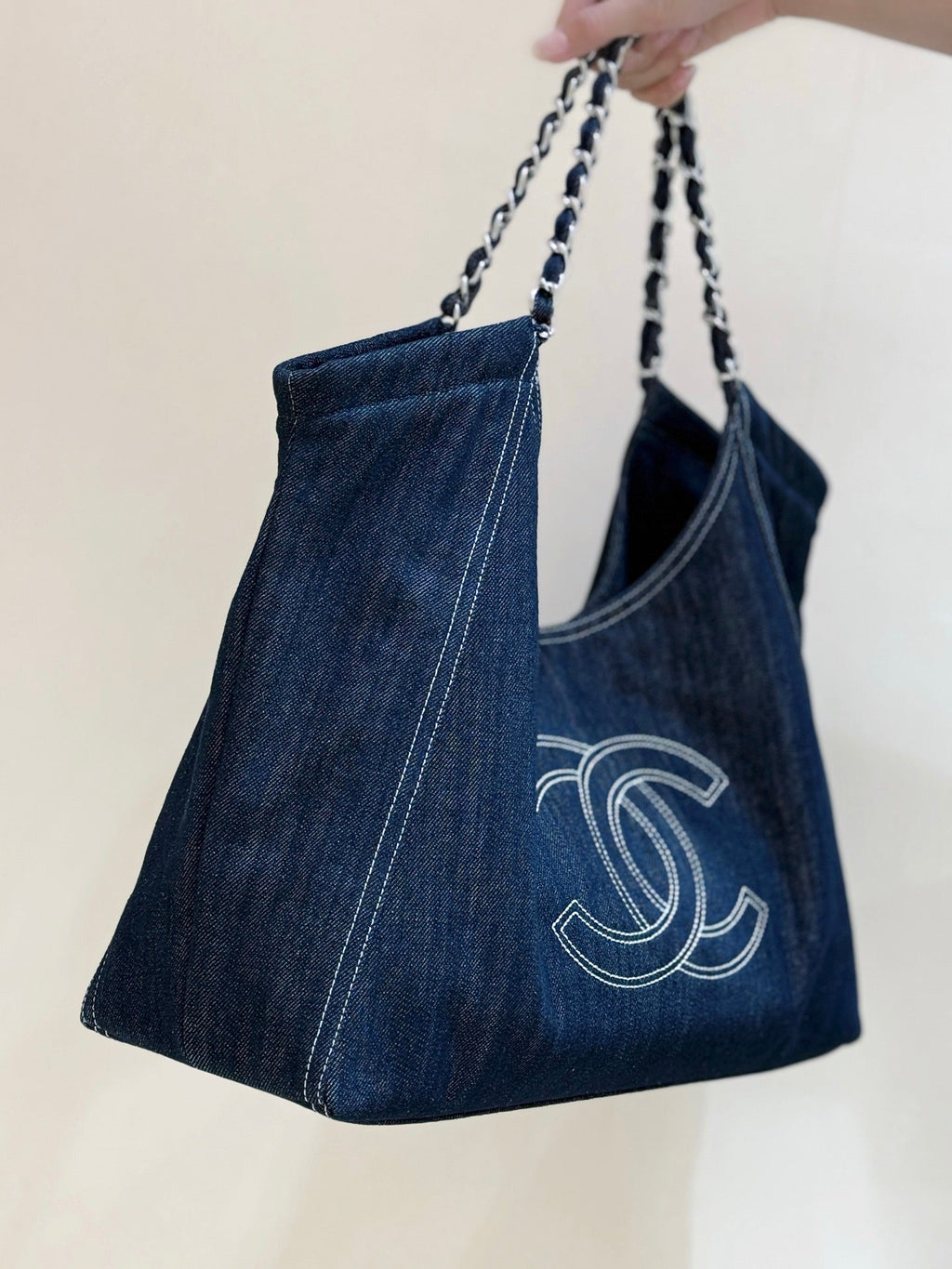 Chanel 25S Vintega Denim Tote Bag 48 in Blue Denim Silver Hardware