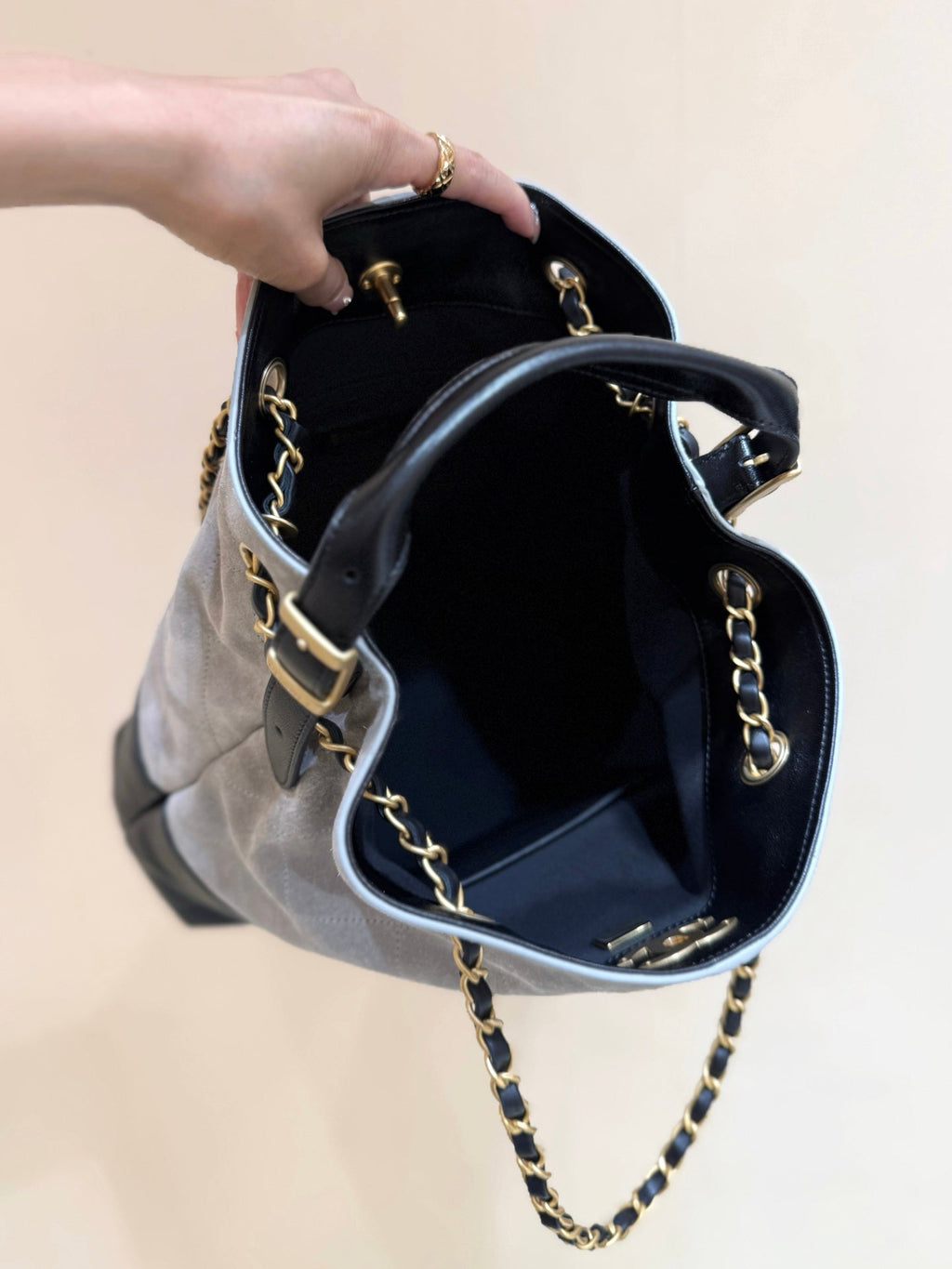 Chanel 25S Shopping Bag 33 in Grey and Black Suede Calfskin