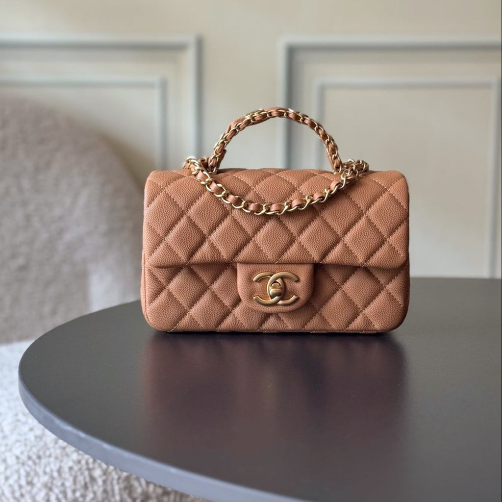Chanel 25S Flap Bag 20 cm in Light Brown Caviar Leather with Gold Hardware