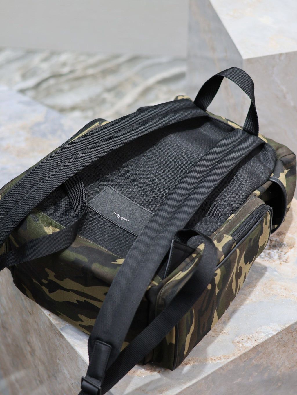 Saint Laurent City Multi-Pocket Backpack 42 in Camouflage Pattern Nylon and Black Calfskin
