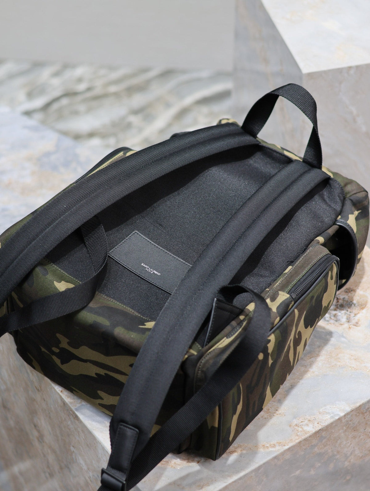Saint Laurent City Multi-Pocket Backpack 42 in Camouflage Pattern Nylon and Black Calfskin