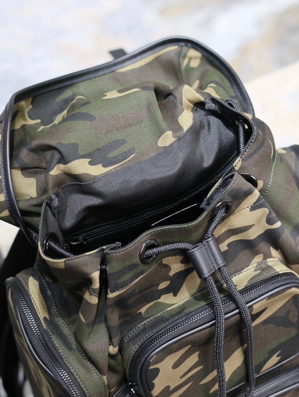 Saint Laurent City Multi-Pocket Backpack 42 in Camouflage Pattern Nylon and Black Calfskin
