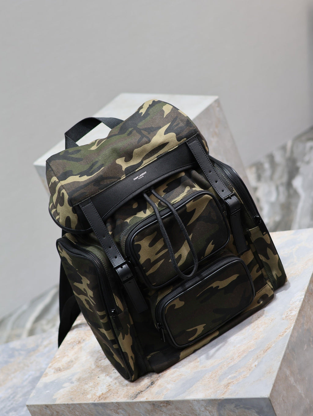 Saint Laurent City Multi-Pocket Backpack 42 in Camouflage Pattern Nylon and Black Calfskin
