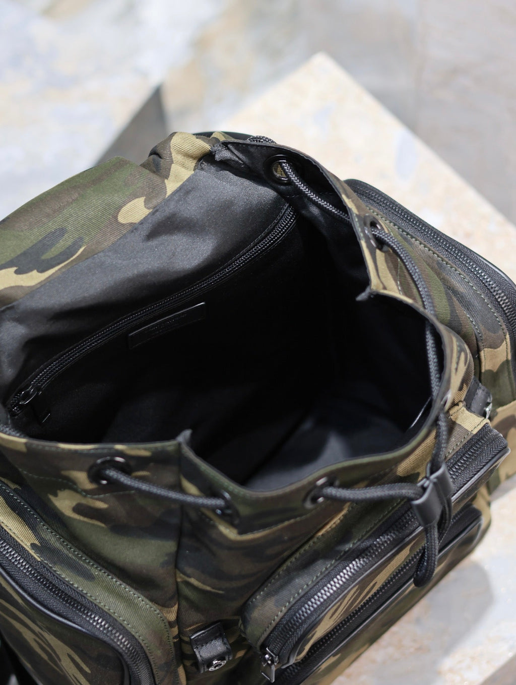 Saint Laurent City Multi-Pocket Backpack 42 in Camouflage Pattern Nylon and Black Calfskin