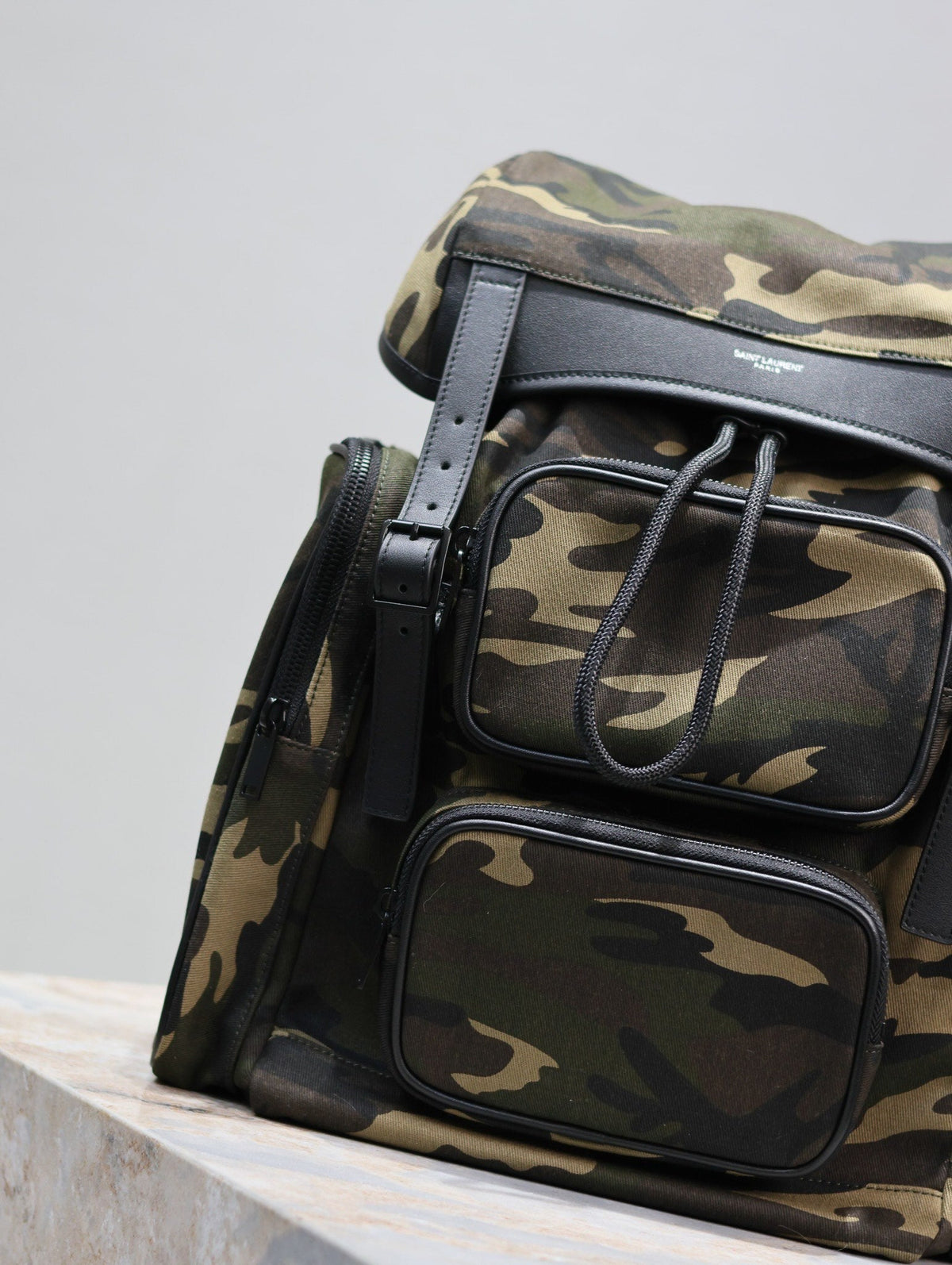 Saint Laurent City Multi-Pocket Backpack 42 in Camouflage Pattern Nylon and Black Calfskin