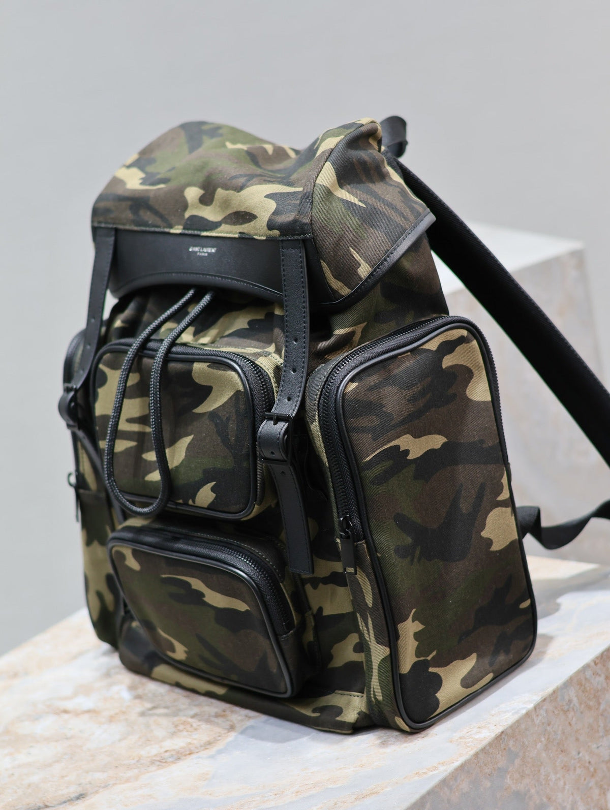 Saint Laurent City Multi-Pocket Backpack 42 in Camouflage Pattern Nylon and Black Calfskin