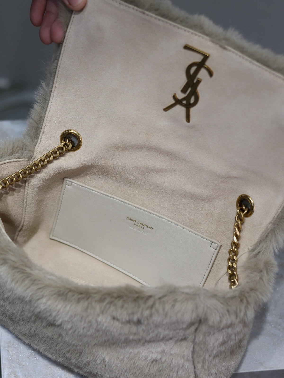 Saint Laurent Kate Small Bag 22 in Ecru Beige Rabbit Fur Gold Chain