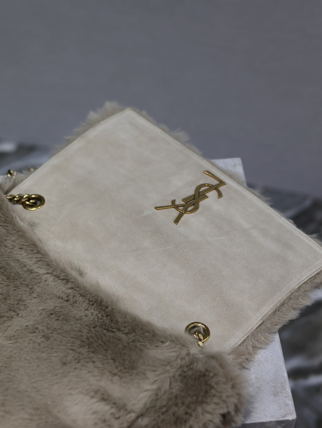 Saint Laurent Kate Flap Bag 28 in Ecru Beige Rabbit Fur Gold Chain