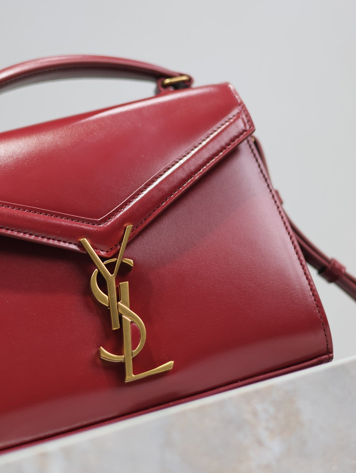 Saint Laurent Cassandra Mini Top Handle Bag 20 in Red Calfskin Gold Hardware