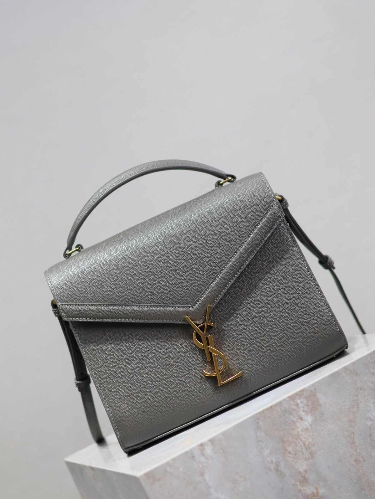 Saint Laurent Cassandra Top Handle Bag 24 in Gray Calfskin Gold Hardware