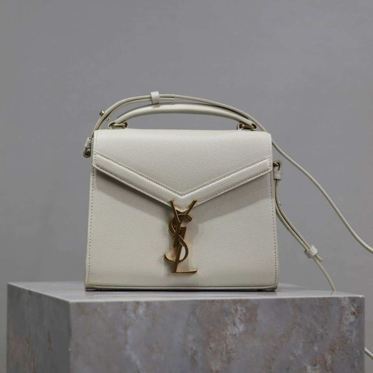 Saint Laurent Cassandra Mini Top Handle Bag 20 in White Calfskin Gold Hardware