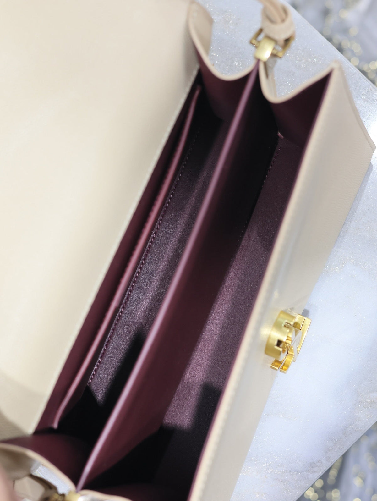 Saint Laurent Cassandra Top Handle Bag 24 in Beige Calfskin Gold Hardware