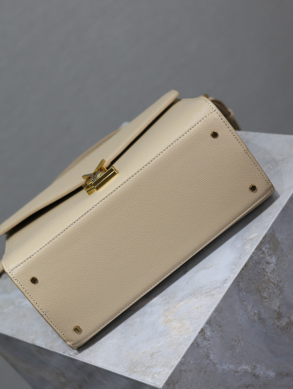 Saint Laurent Cassandra Top Handle Bag 24 in Beige Calfskin Gold Hardware