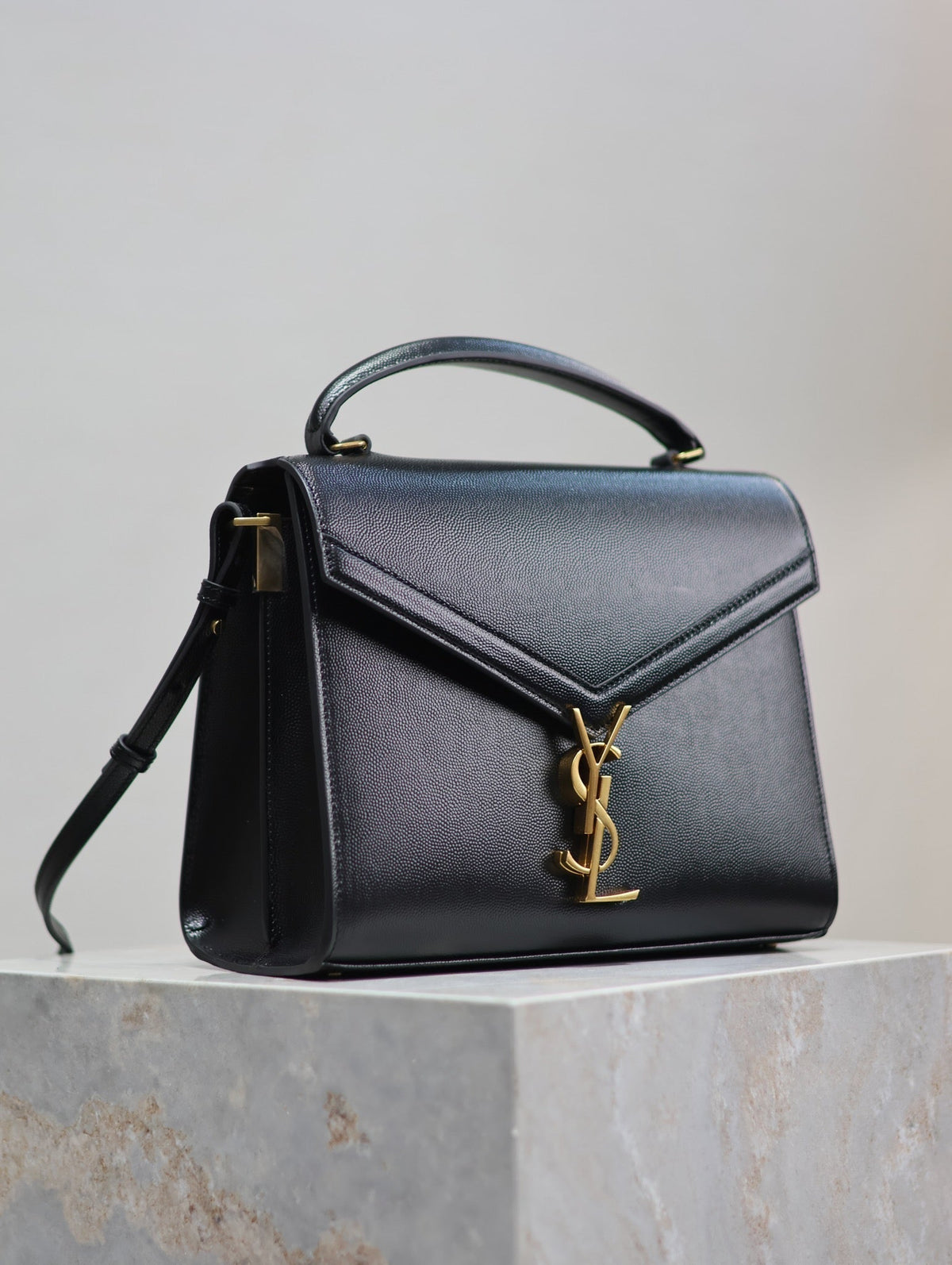 Saint Laurent Cassandra Top Handle Bag 24 in Black Calfskin Gold Hardware