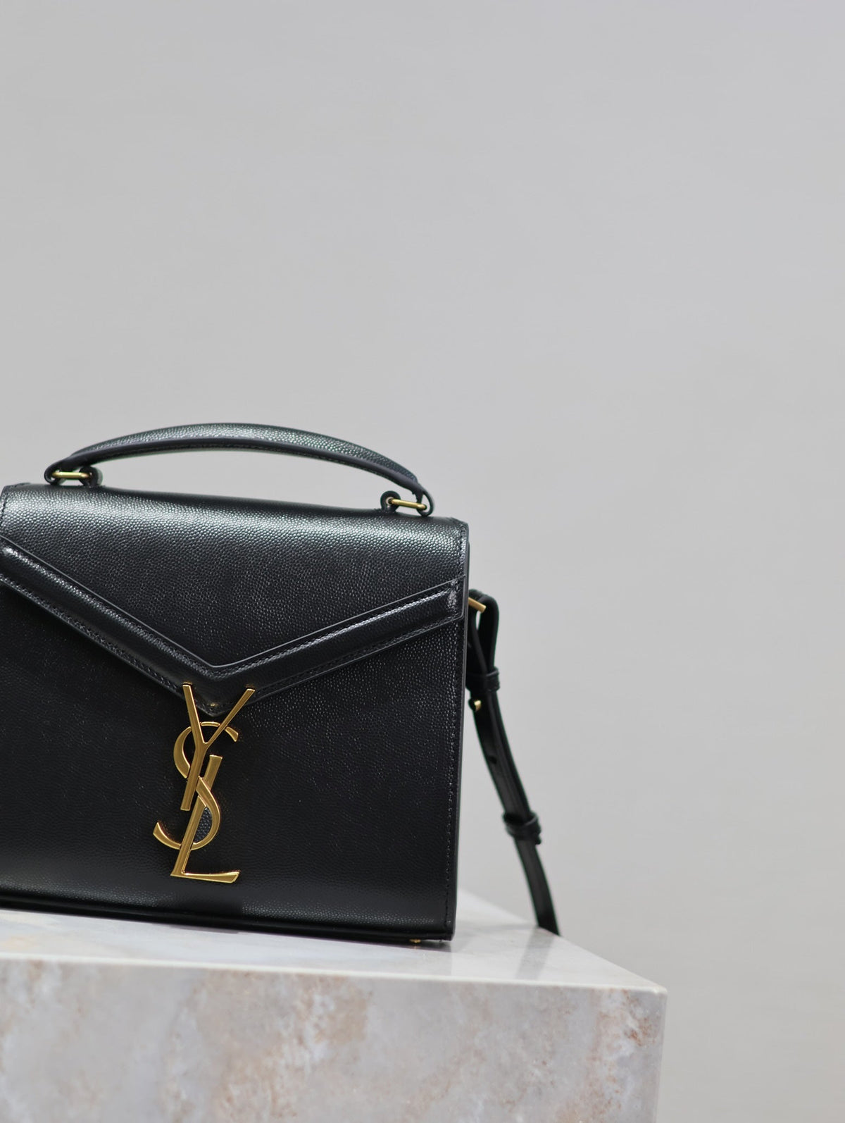 Saint Laurent Cassandra Mini Top Handle Bag 20 in Black Calfskin Gold Hardware