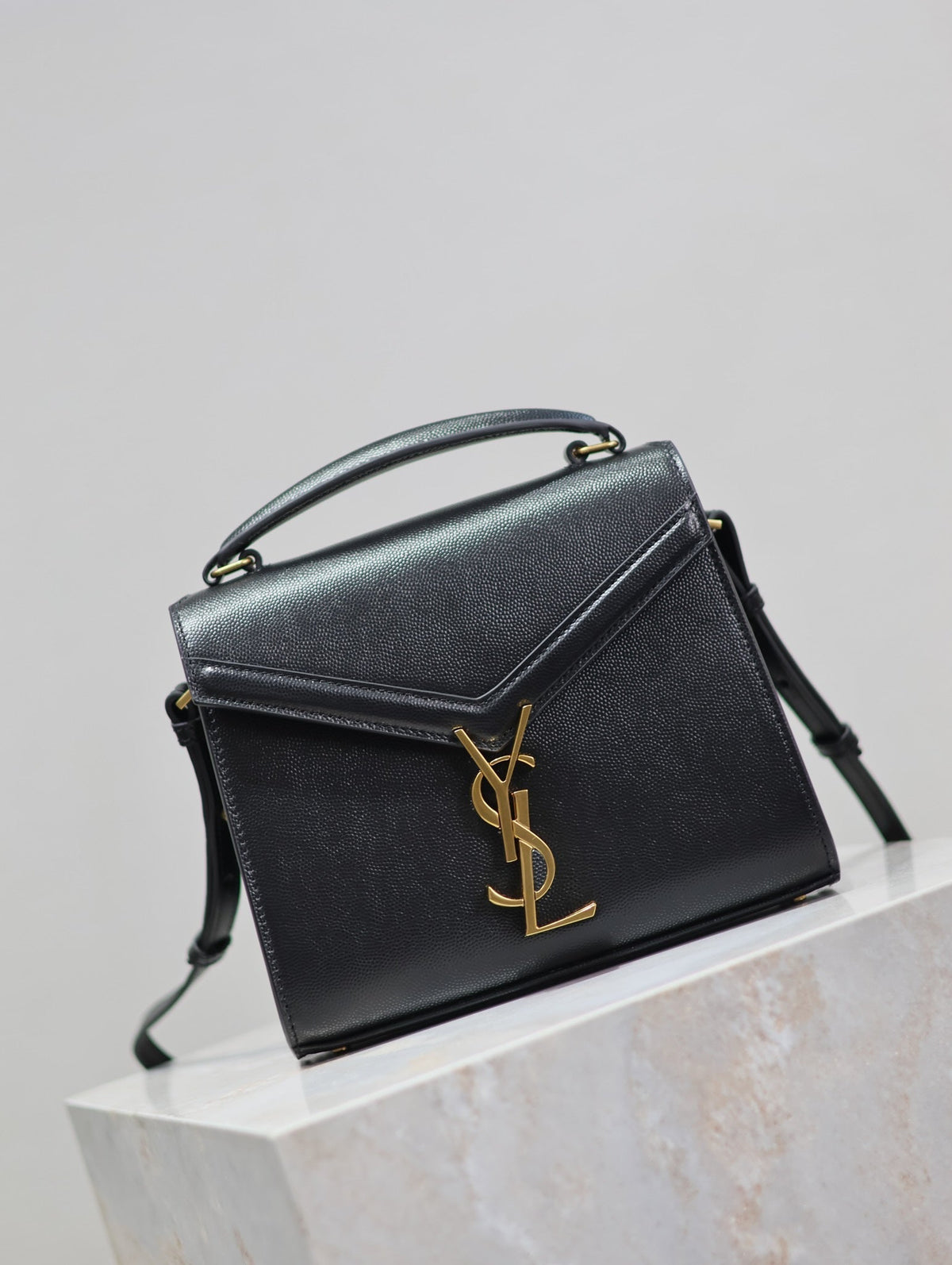 Saint Laurent Cassandra Mini Top Handle Bag 20 in Black Calfskin Gold Hardware
