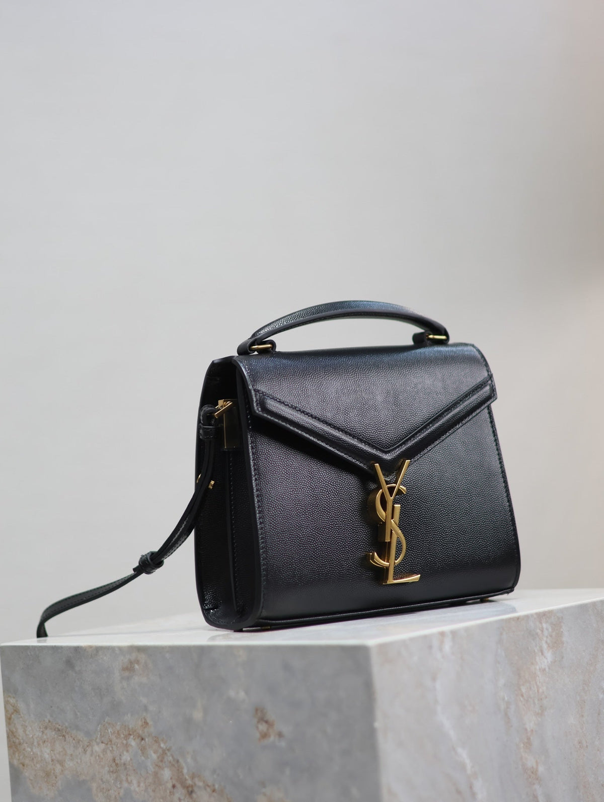 Saint Laurent Cassandra Mini Top Handle Bag 20 in Black Calfskin Gold Hardware