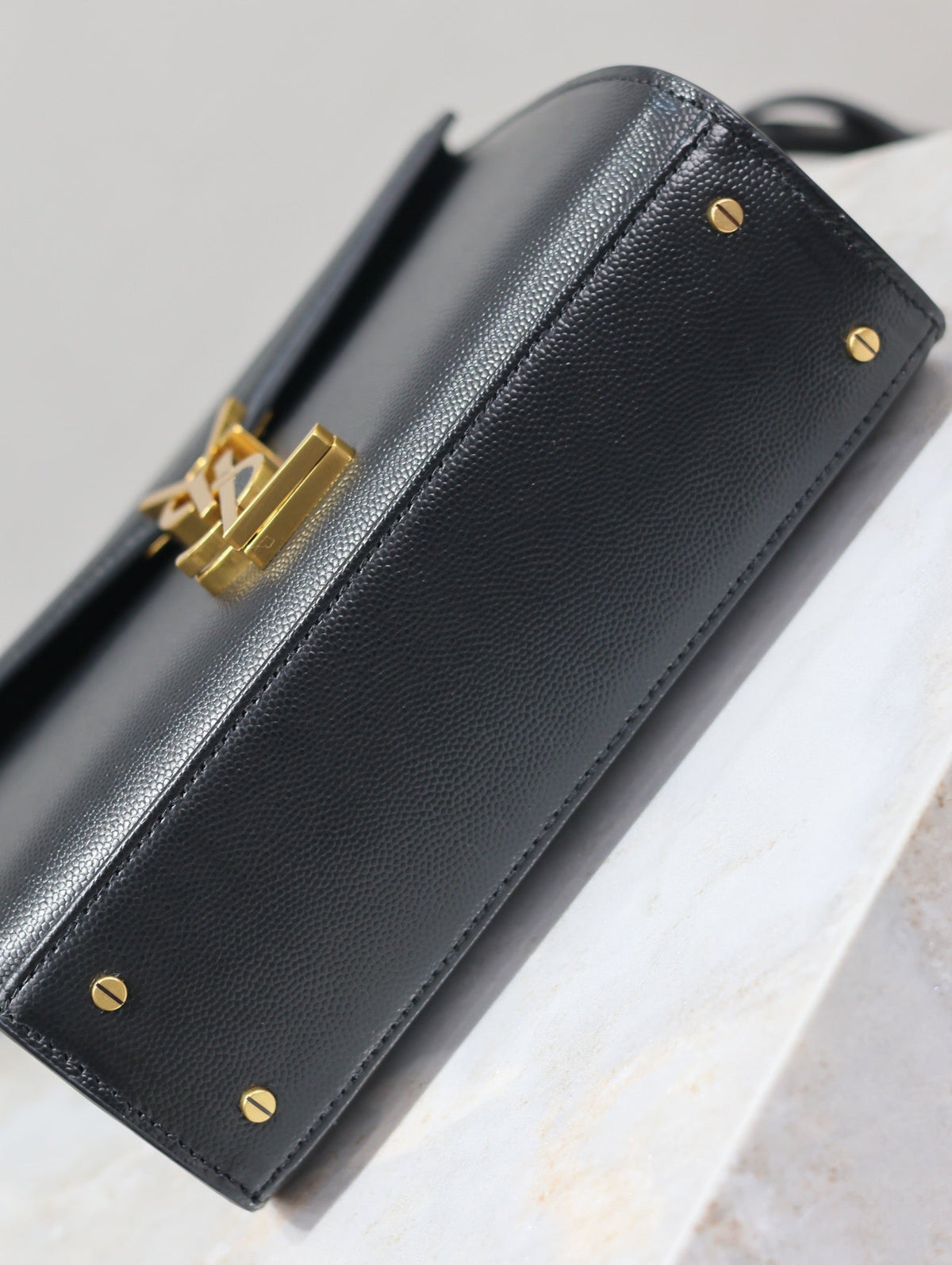Saint Laurent Cassandra Mini Top Handle Bag 20 in Black Calfskin Gold Hardware
