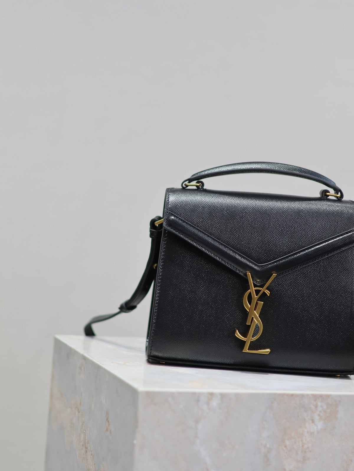 Saint Laurent Cassandra Mini Top Handle Bag 20 in Black Calfskin Gold Hardware