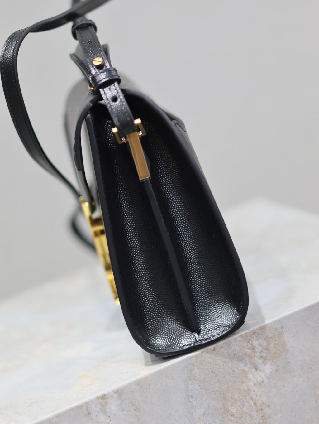 Saint Laurent Cassandra Mini Top Handle Bag 20 in Black Calfskin Gold Hardware