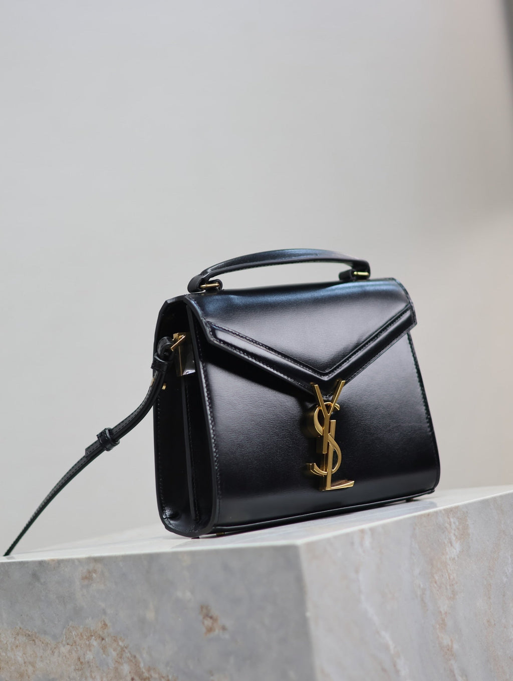 Saint Laurent Cassandra Mini Top Handle Bag 20 in Black Smooth Lambskin Gold Hardware