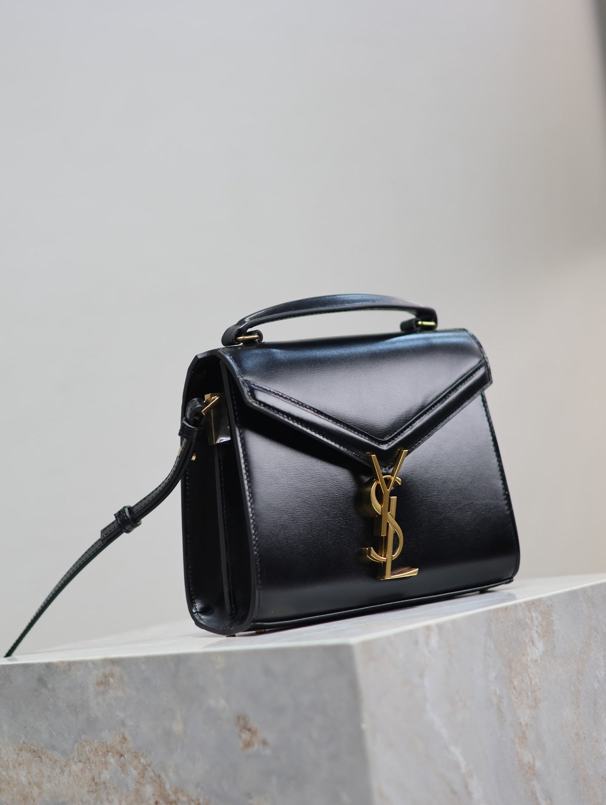 Saint Laurent Cassandra Mini Top Handle Bag 20 in Black Smooth Lambskin Gold Hardware