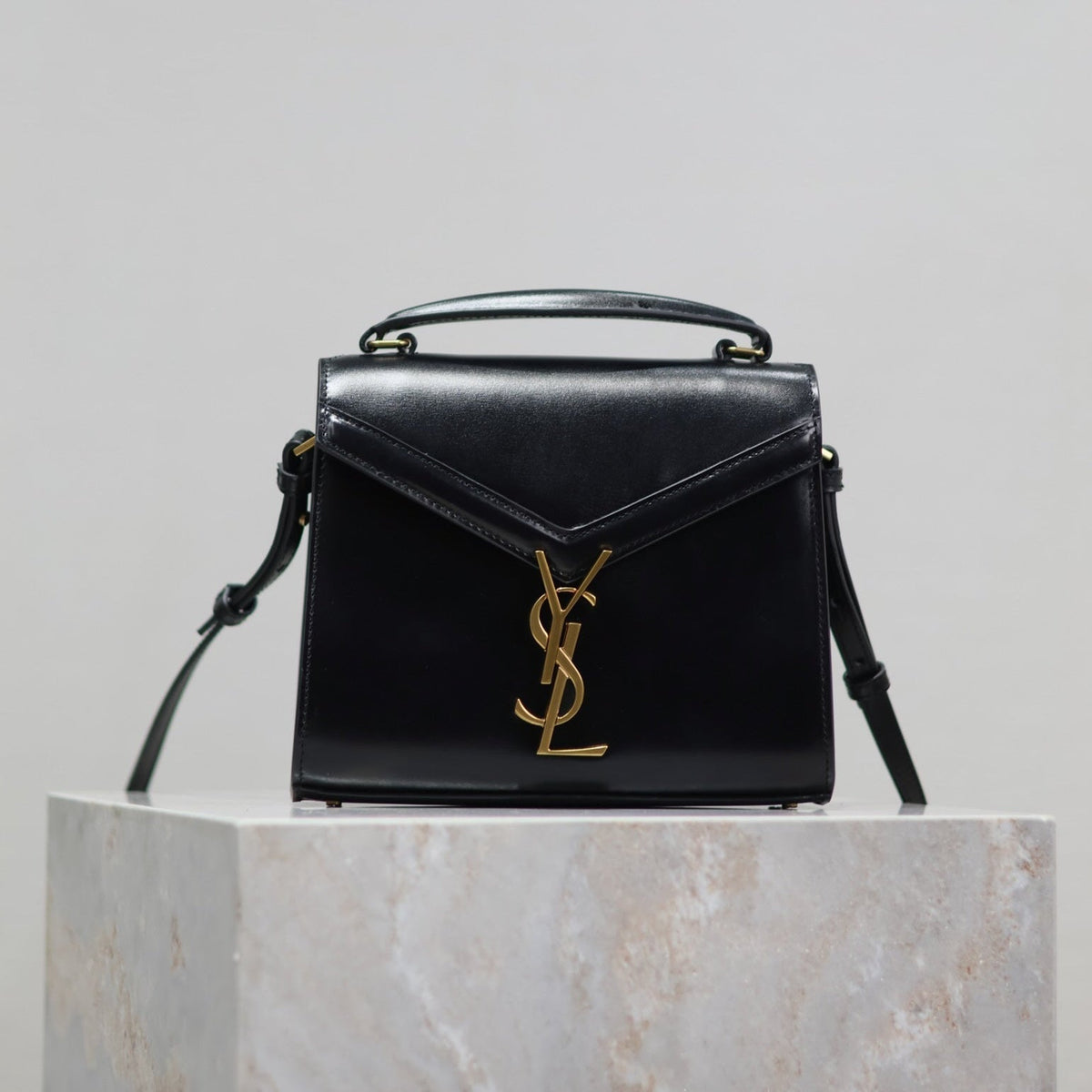 Saint Laurent Cassandra Mini Top Handle Bag 20 in Black Smooth Lambskin Gold Hardware