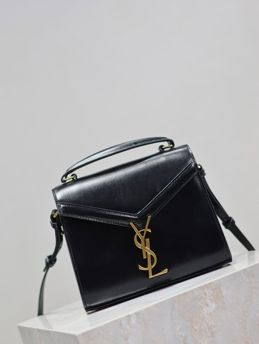 Saint Laurent Cassandra Mini Top Handle Bag 20 in Black Smooth Lambskin Gold Hardware