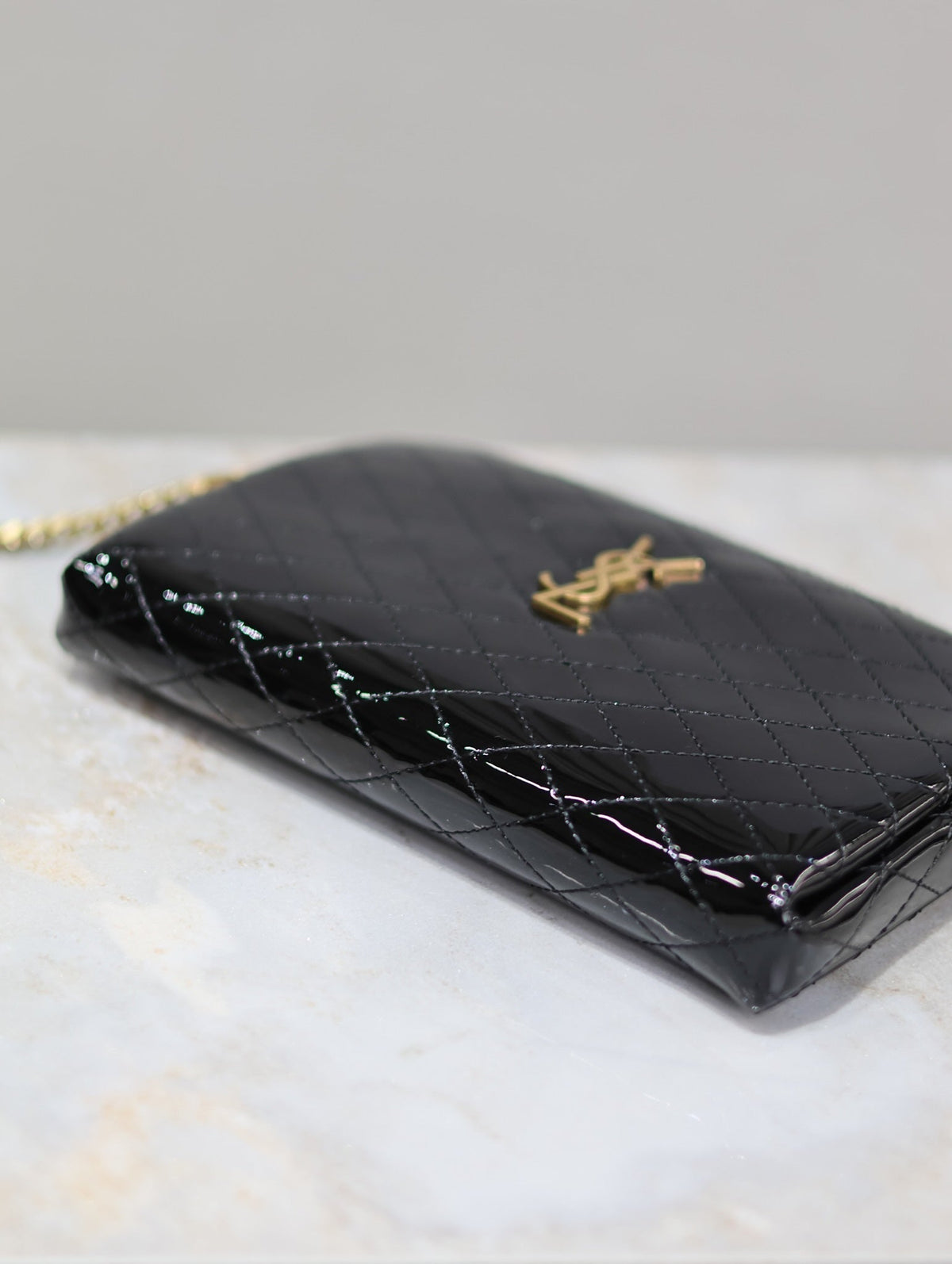 Saint Laurent Gaby Zipped Pouch 19 in Black Glossy Lambskin Gold Hardware