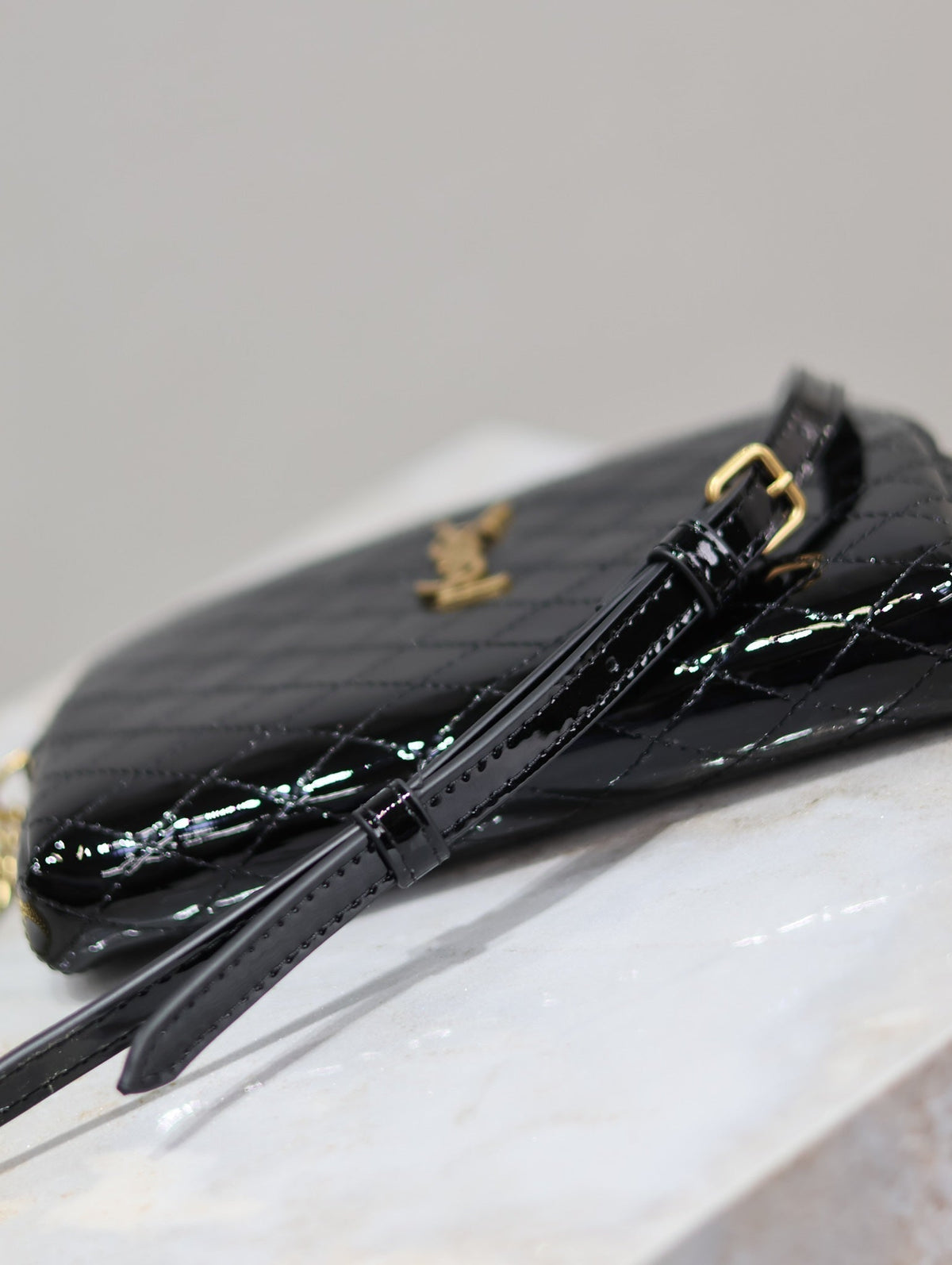 Saint Laurent Gaby Zipped Pouch 19 in Black Glossy Lambskin Gold Hardware