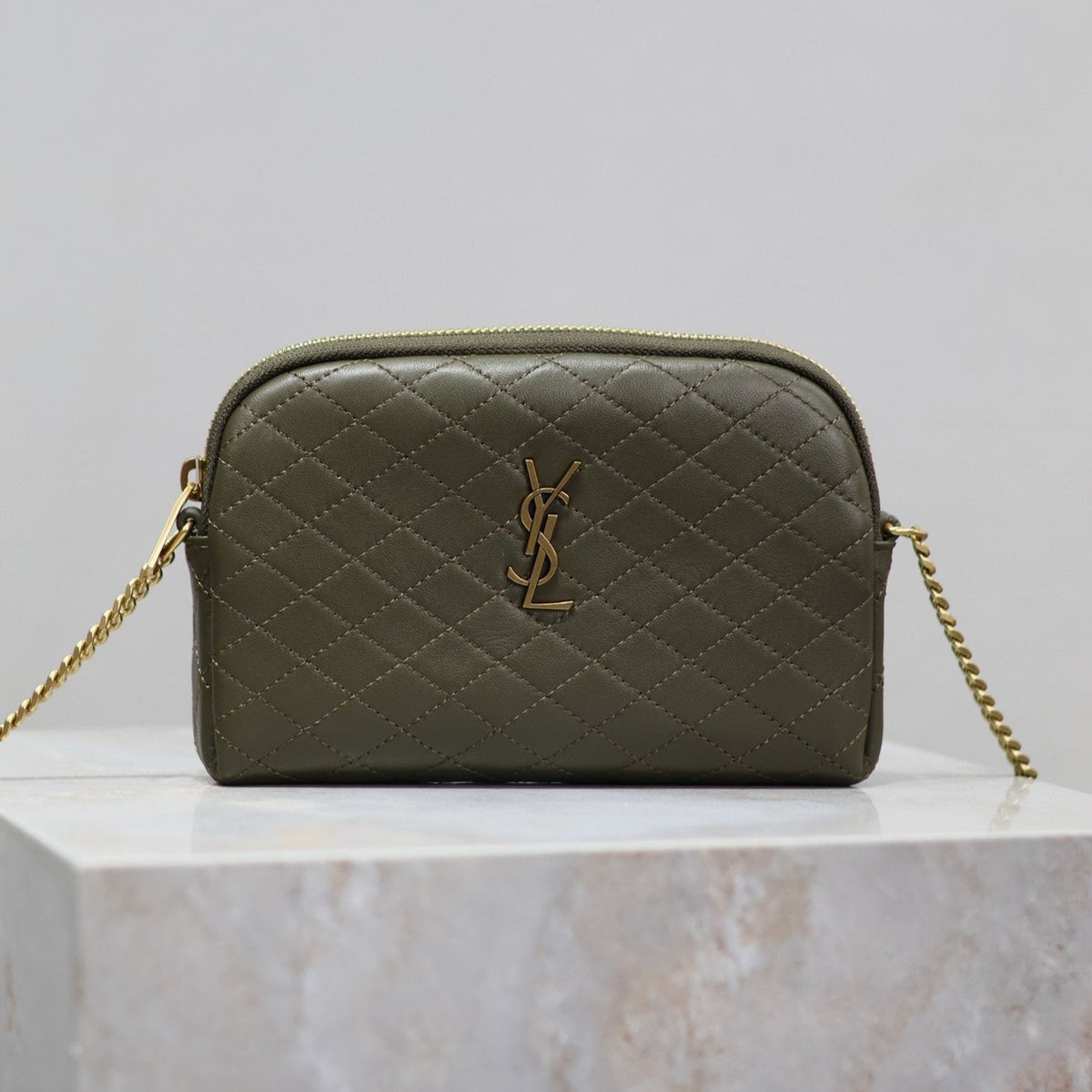 Saint Laurent Gaby Zipped Pouch 19 in Uniform Green Quilted Lambskin Gold Hardware