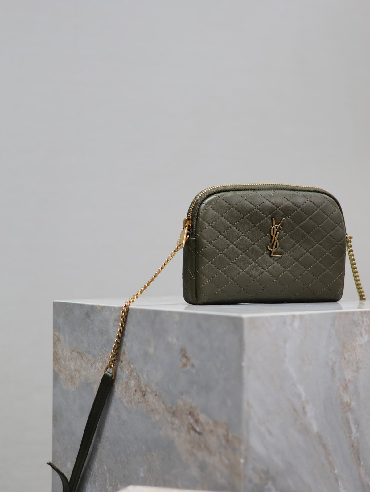 Saint Laurent Gaby Zipped Pouch 19 in Uniform Green Quilted Lambskin Gold Hardware