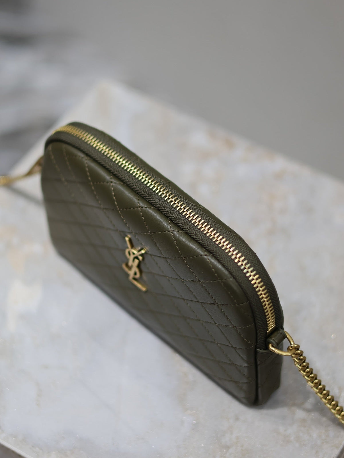 Saint Laurent Gaby Zipped Pouch 19 in Uniform Green Quilted Lambskin Gold Hardware
