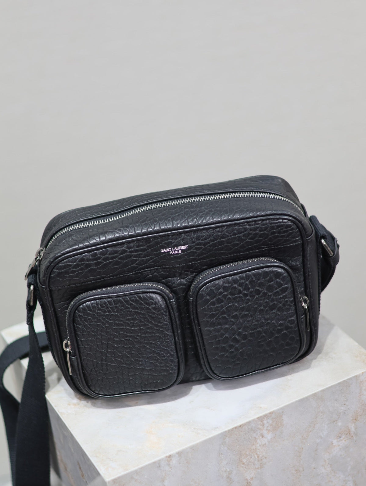 Saint Laurent City Camera Bag 24 in Black Elephant Pattern Lambskin