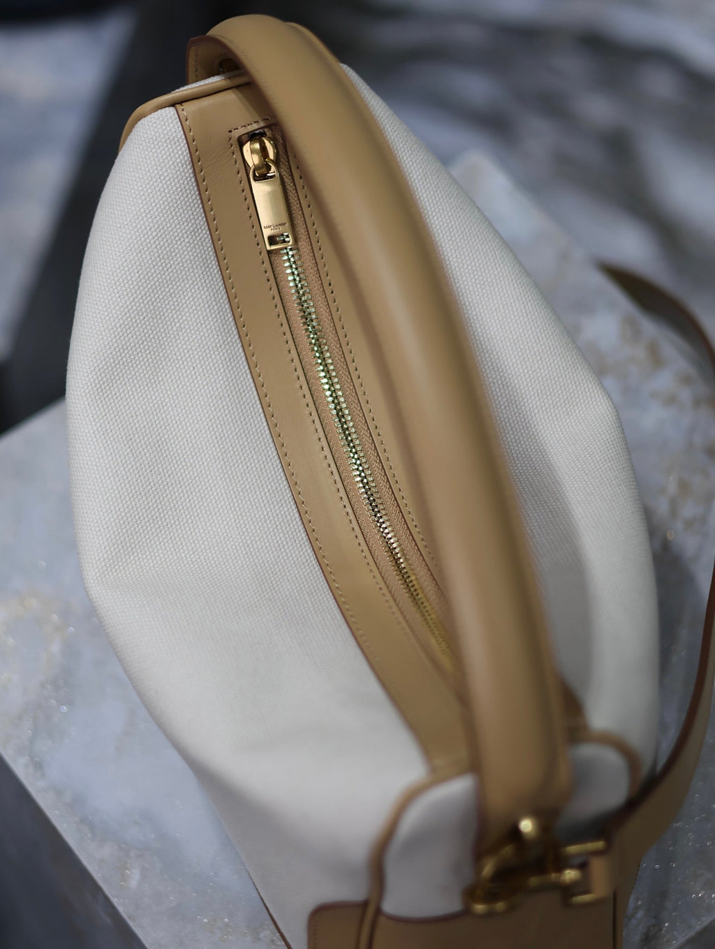 Saint Laurent Camera Supple Bag 28 in White Canvas and Brown Calfskin Trim